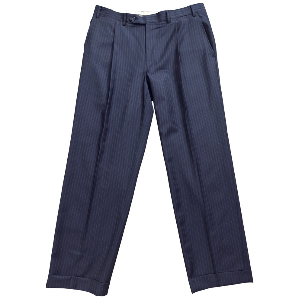 Canali Mens Navy Pinstripe Pure Wool Pleated Cuffed Dress Pants Made in Italy